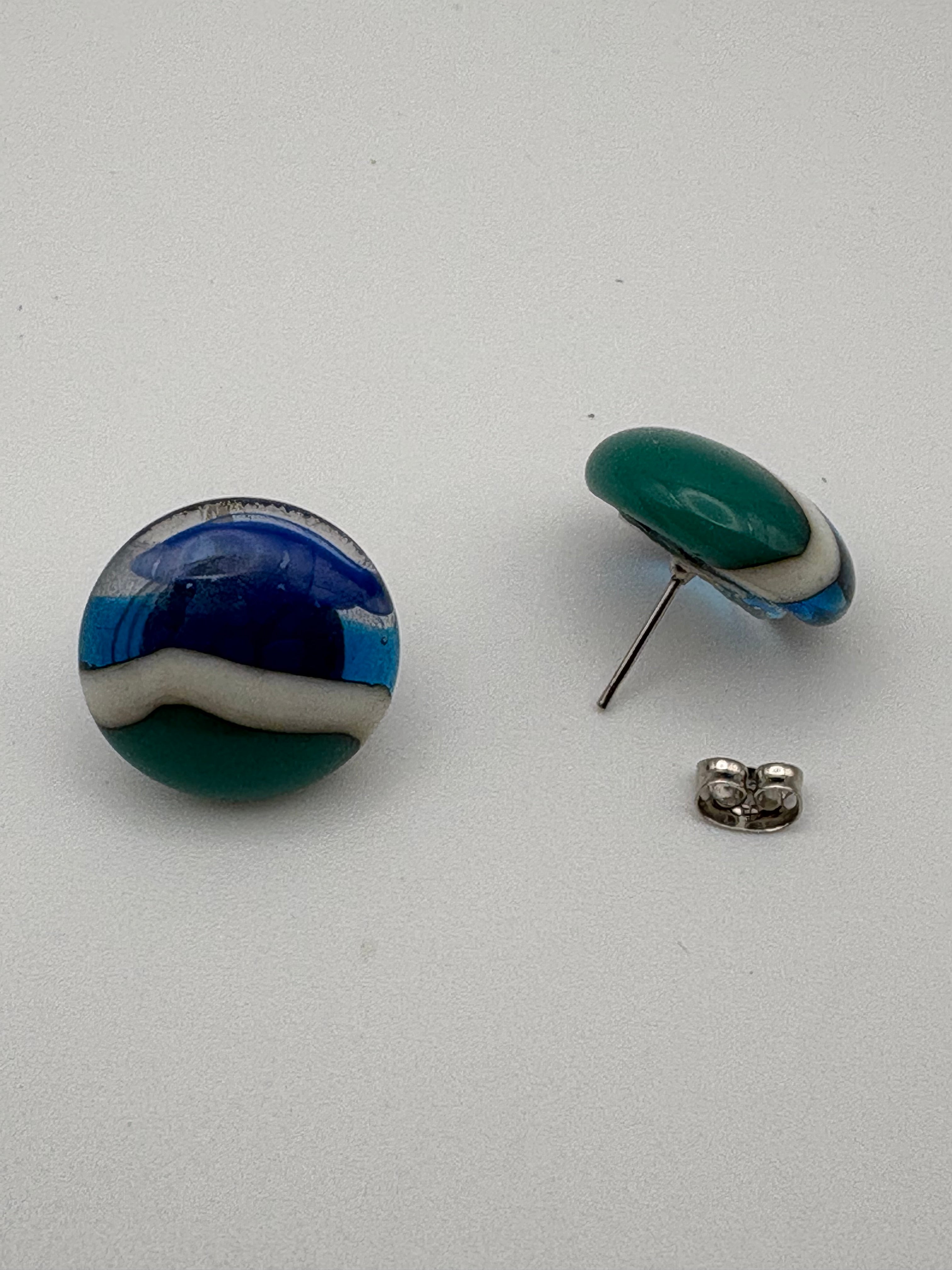 Fused Glass Navy, Sky Blue & Teal Ocean Wave Round Stud Earrings