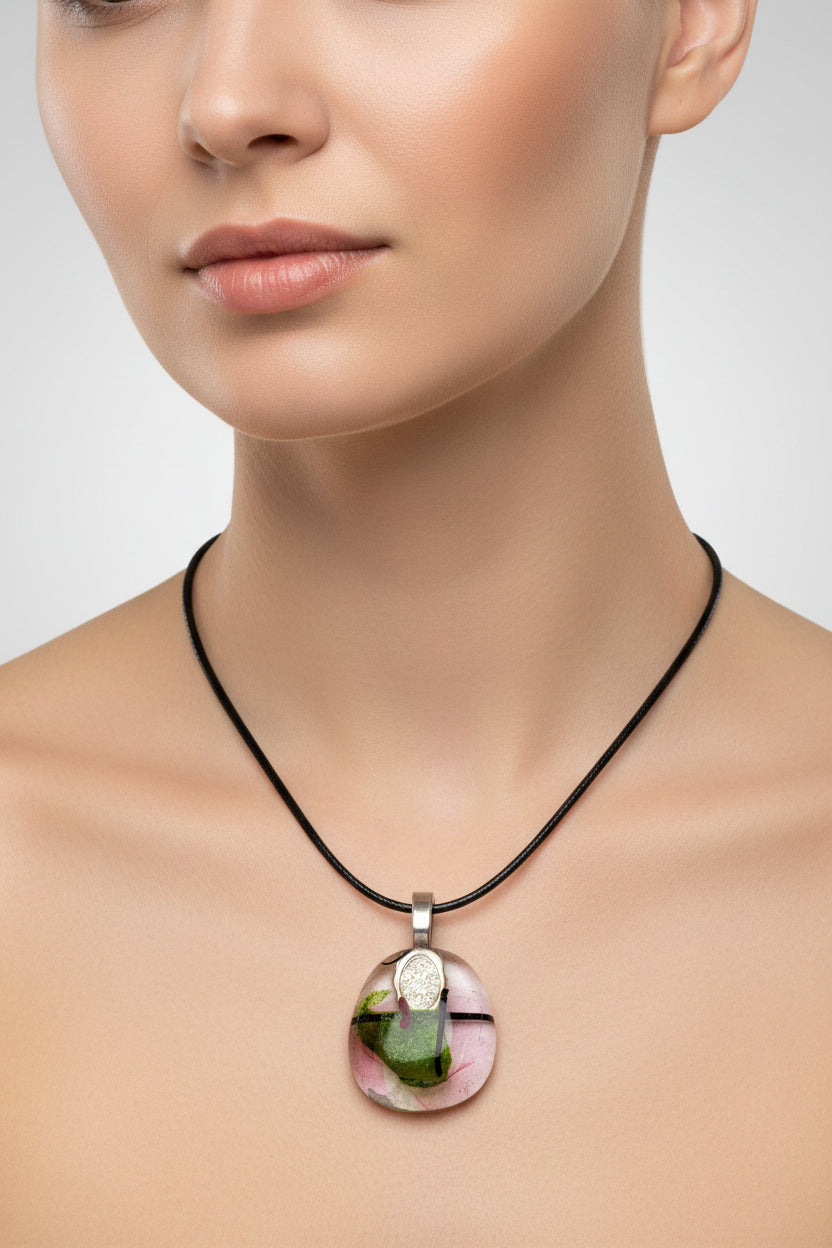 Fused Glass Blush Pink & Olive Green Abstract Pendant Necklace