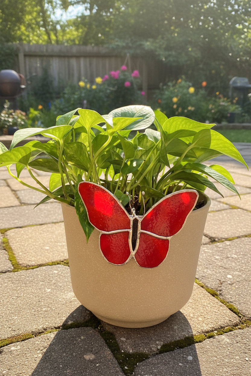 Red Stained Glass Butterfly Plant Pot Buddy