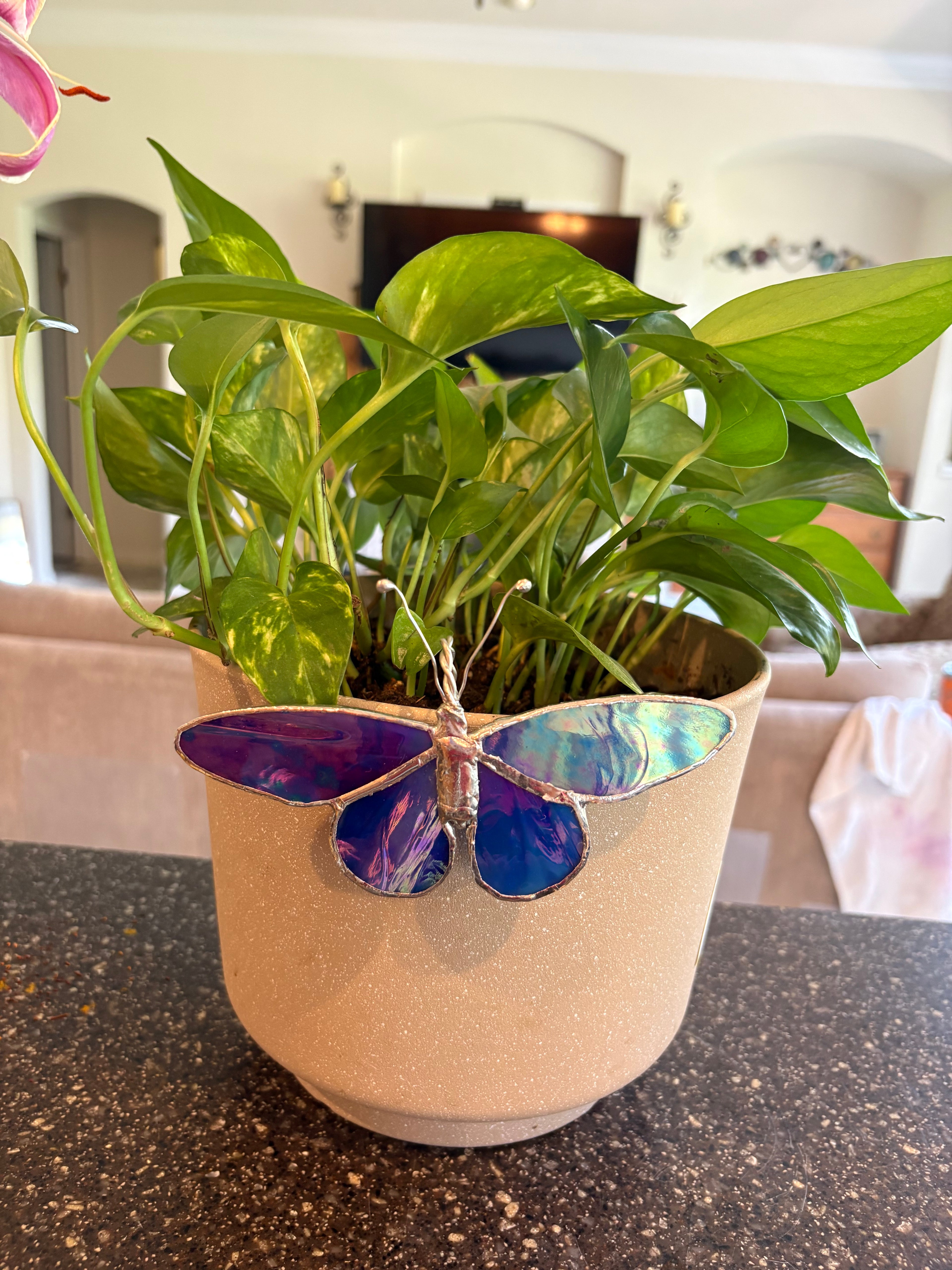 Purple Blue Iridescent Stained Glass Butterfly Plant Pot Buddy