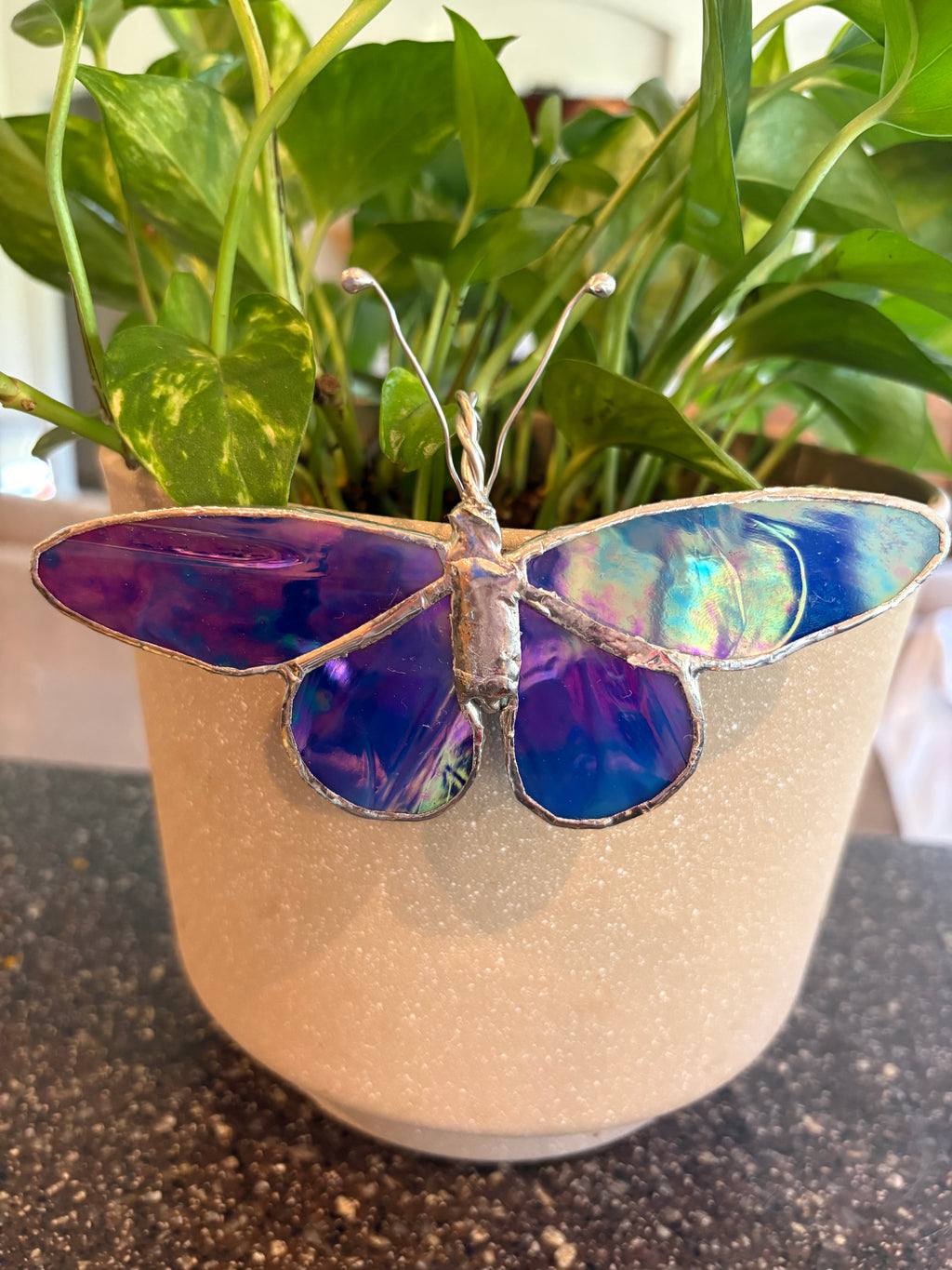 Purple Blue Iridescent Stained Glass Butterfly Plant Pot Buddy