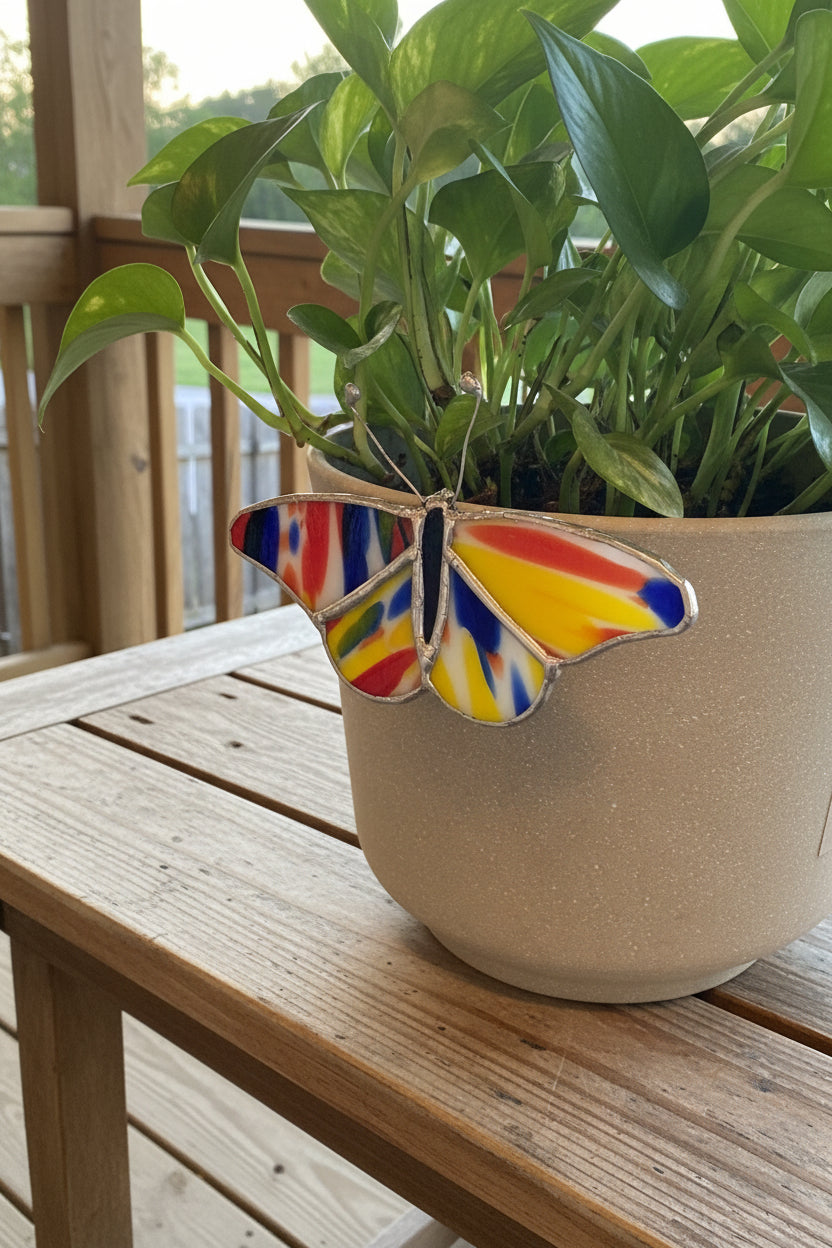 Rainbow Swirl Stained Glass Butterfly Plant Pot Buddy