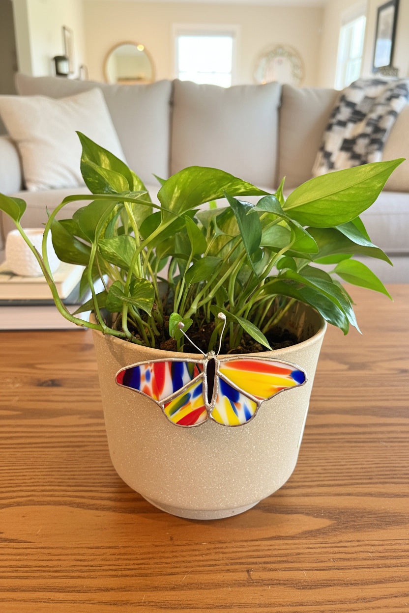 Rainbow Swirl Stained Glass Butterfly Plant Pot Buddy