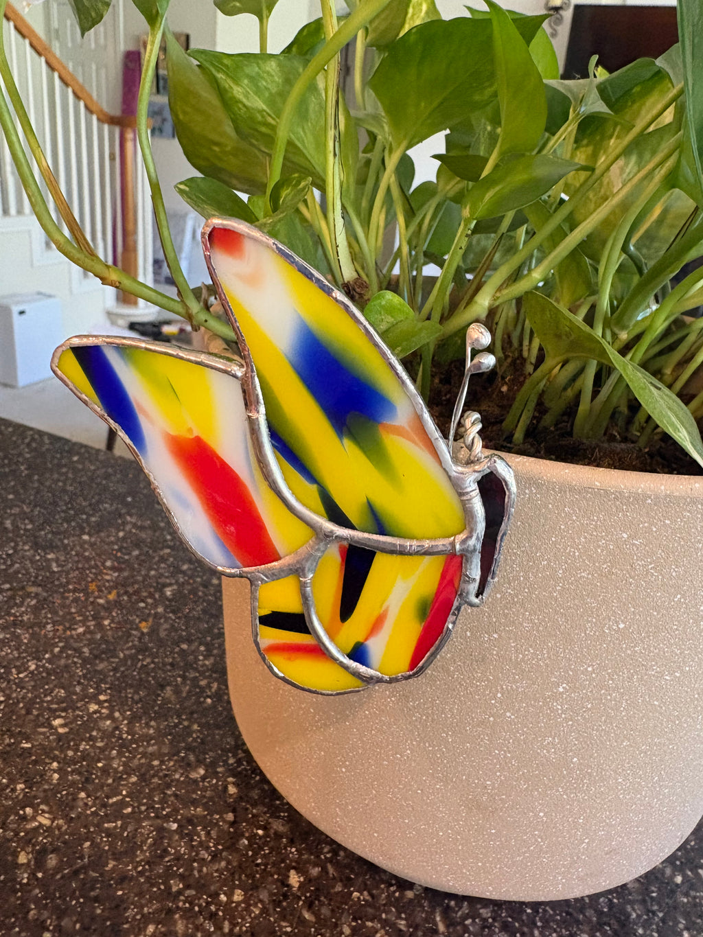Rainbow Swirl Stained Glass Butterfly Plant Pot Buddy