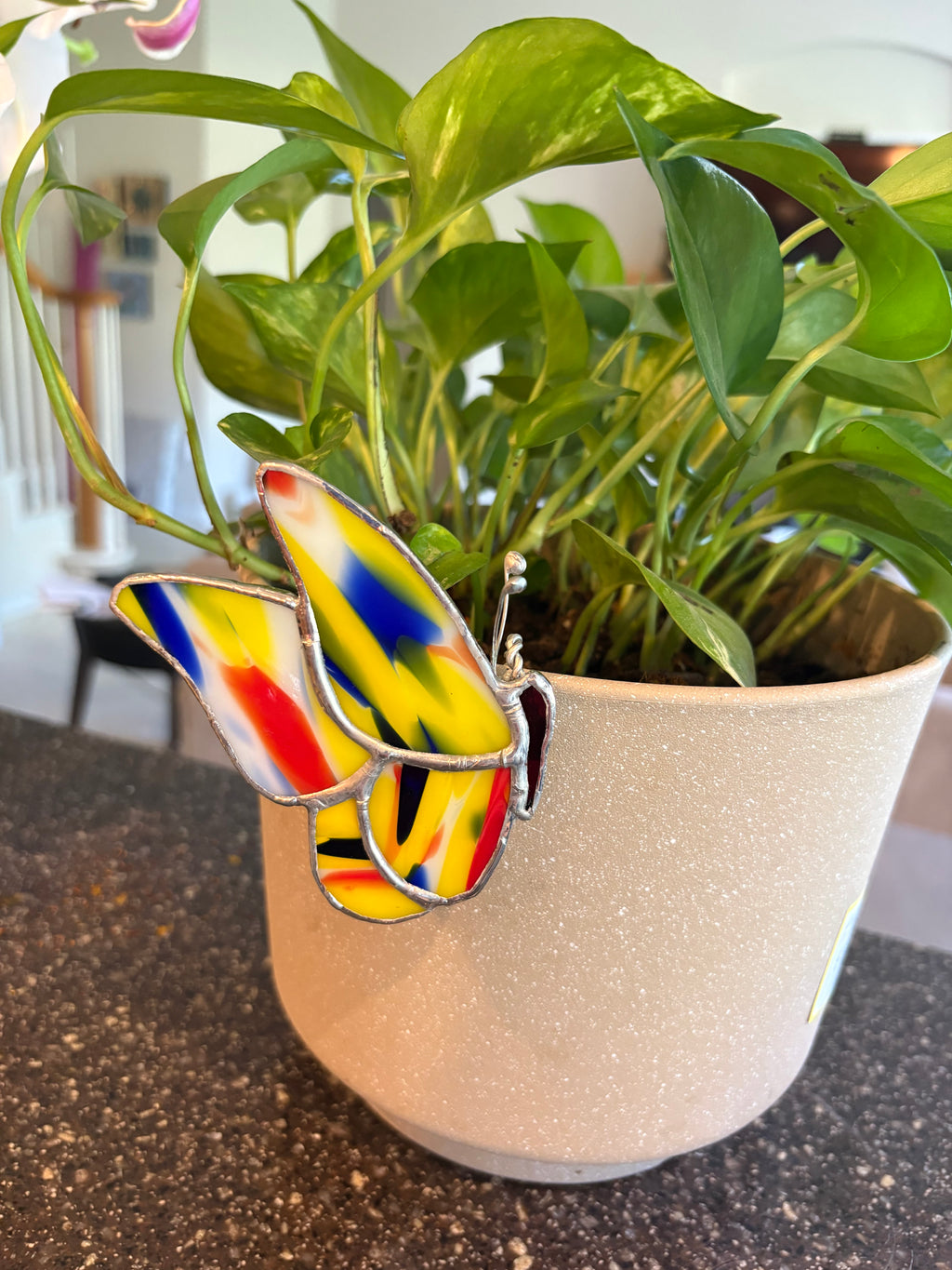 Rainbow Swirl Stained Glass Butterfly Plant Pot Buddy