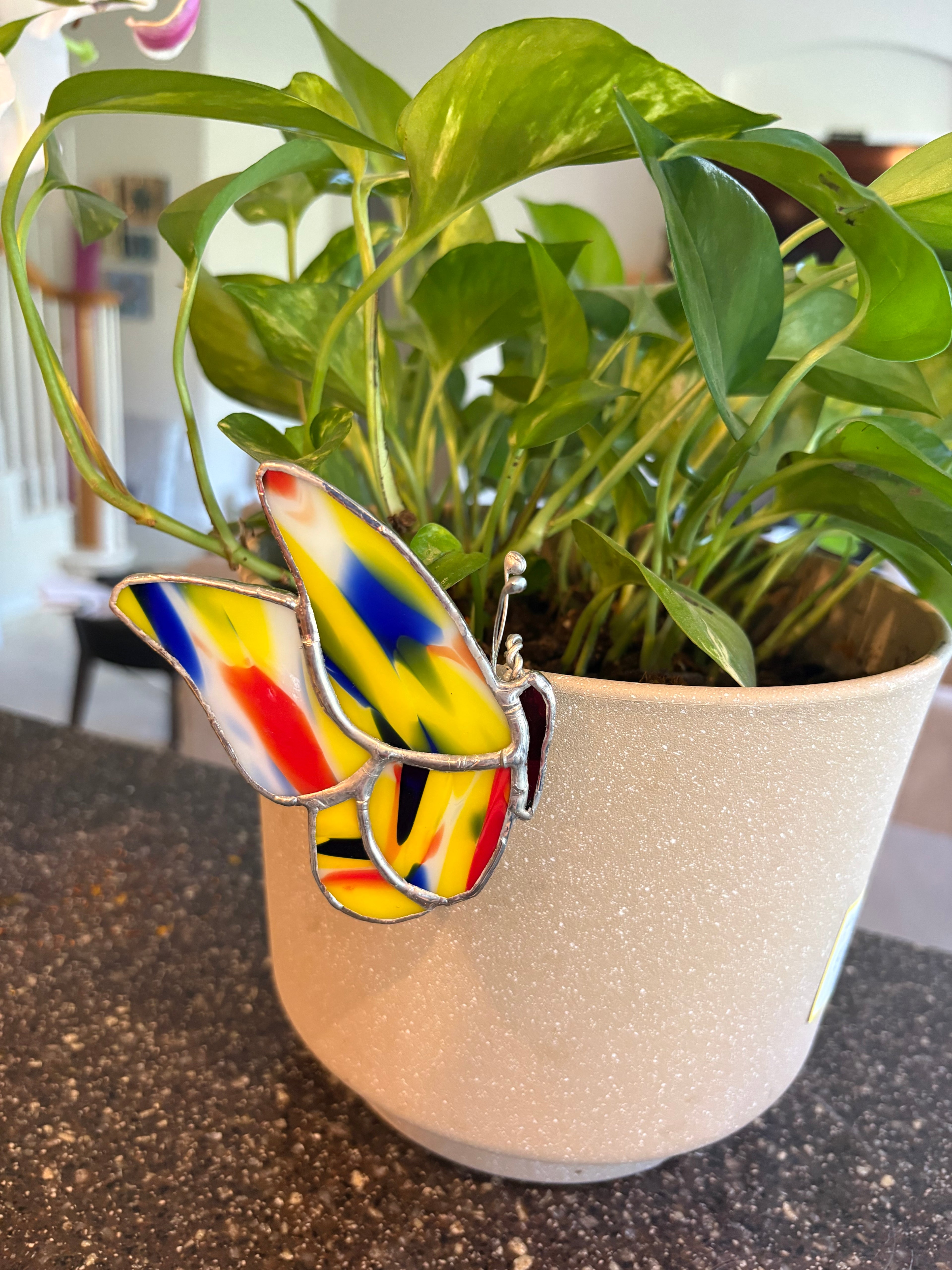 Rainbow Swirl Stained Glass Butterfly Plant Pot Buddy