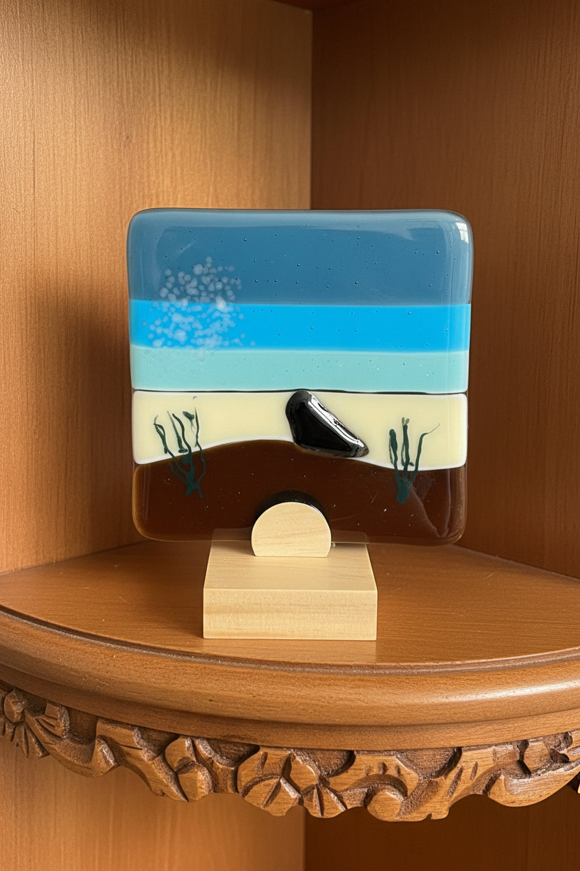 Fused Glass Beach Scene – 4x4 Art Tile with Stand