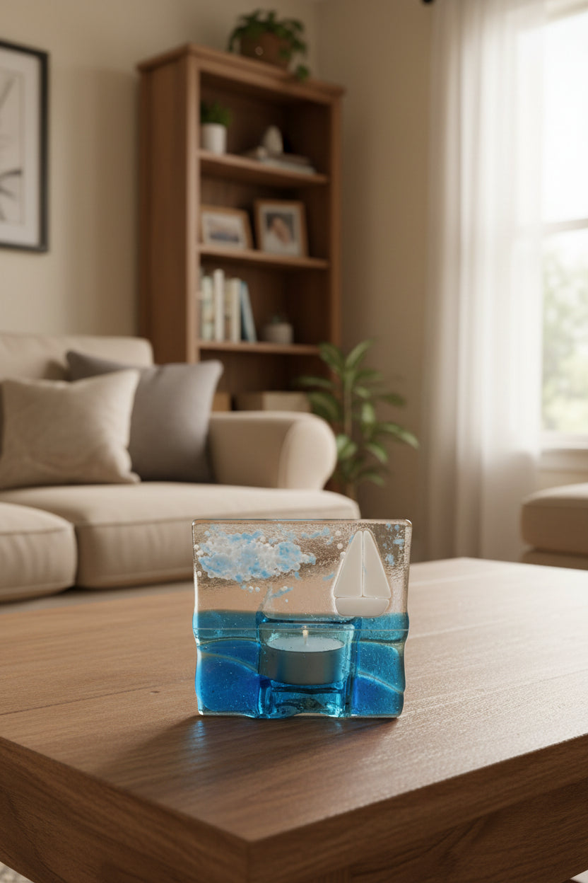 Fused Glass Sailboat Votive Candle Holder