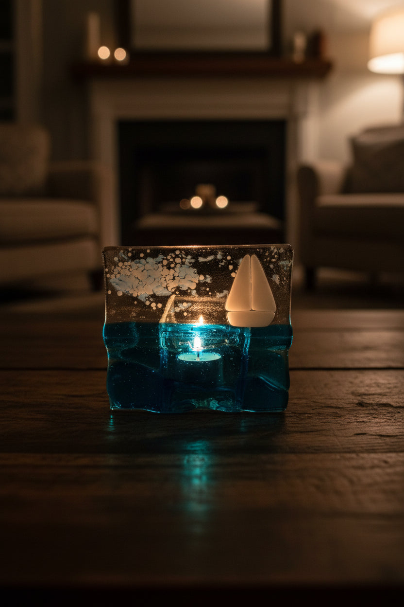 Fused Glass Sailboat Votive Candle Holder