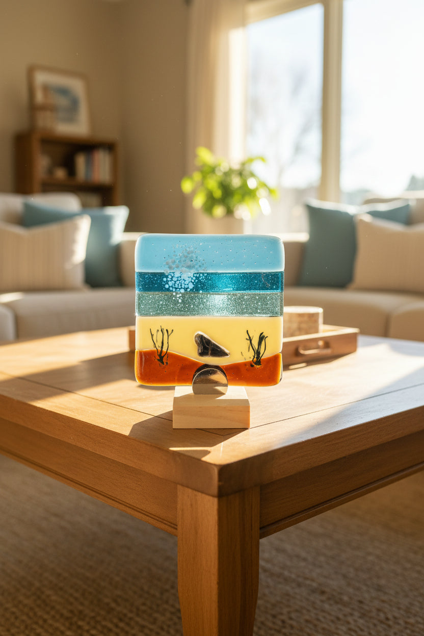 Fused Glass Beach Scene No. 2 – 4x4 Art Tile with Stand