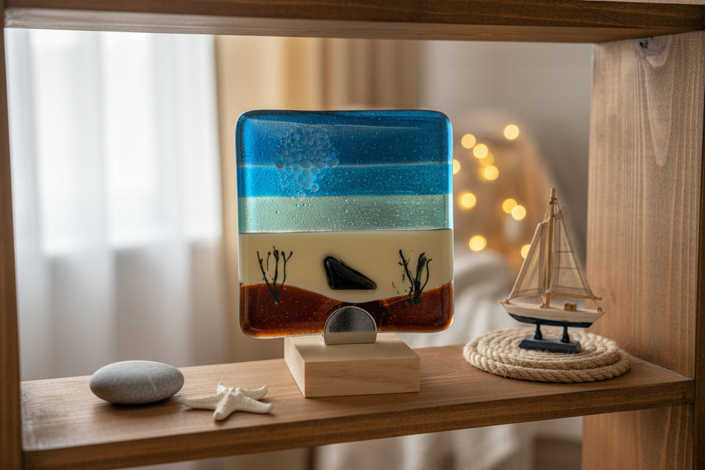Fused Glass Beach Scene No. 2 – 4x4 Art Tile with Stand