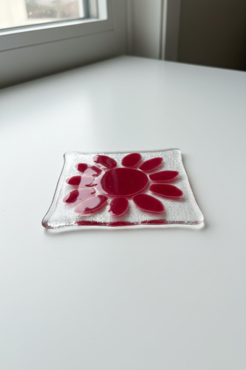 Fused Glass Pink Flower Coaster