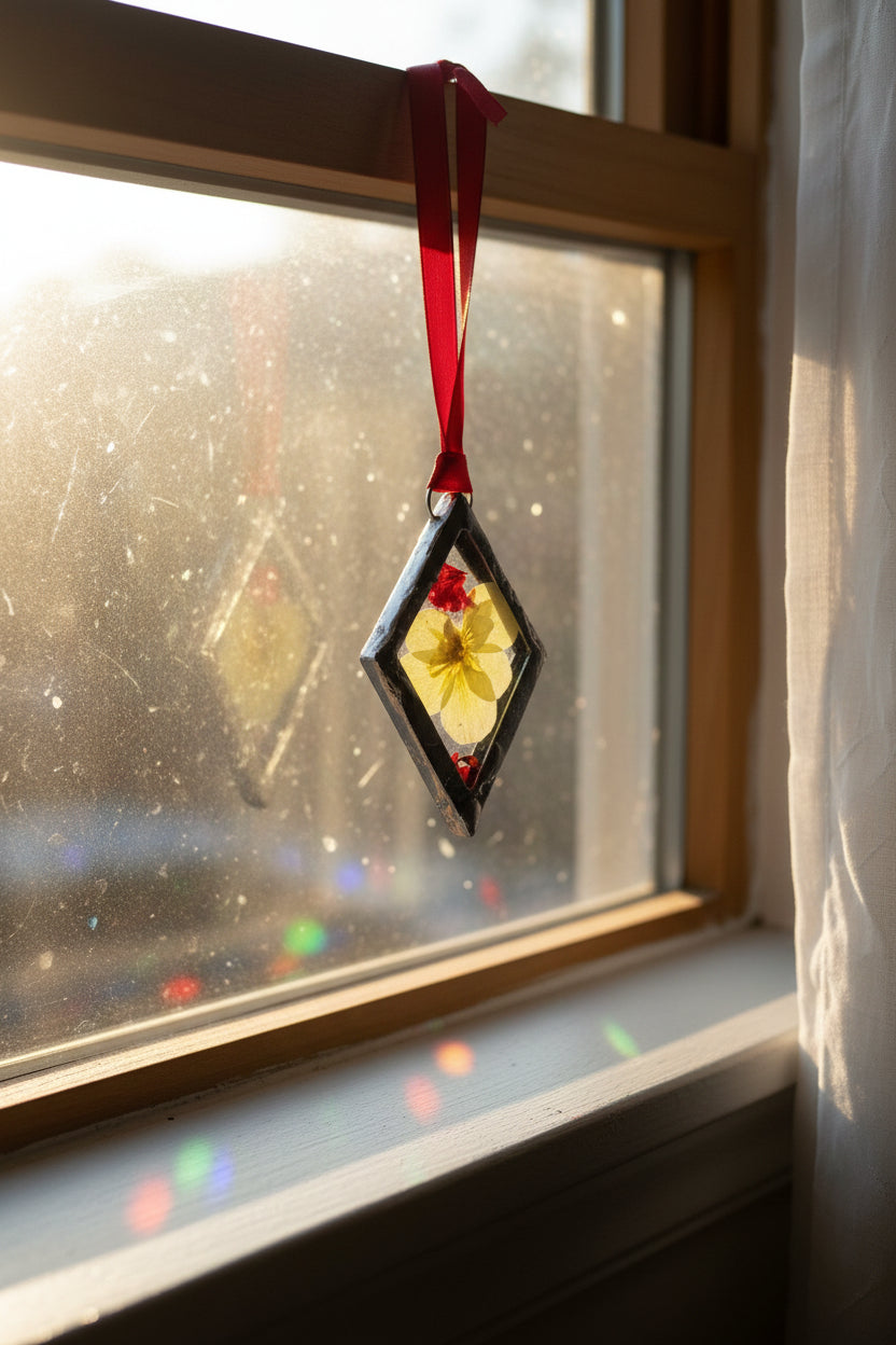 Pressed Flower Stained Glass Diamond Ornament