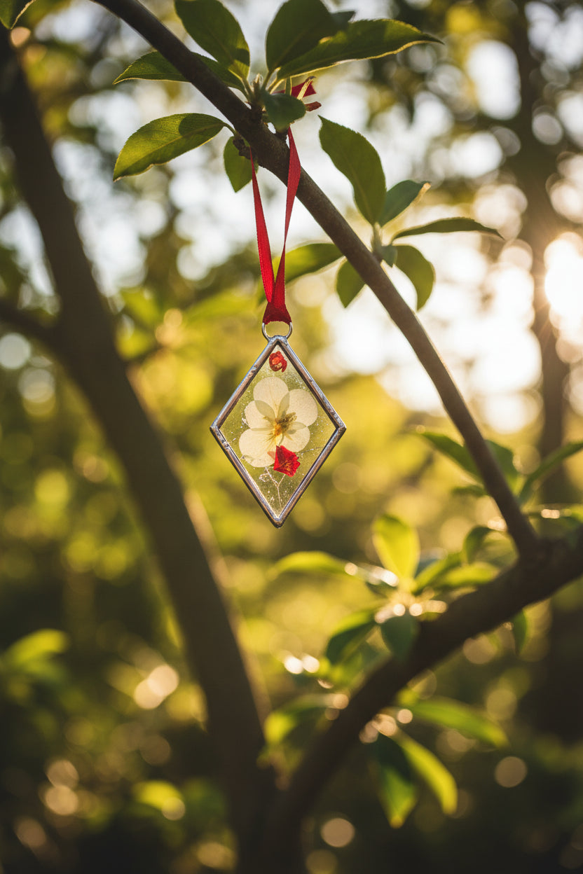 Pressed Flower Stained Glass Diamond Ornament