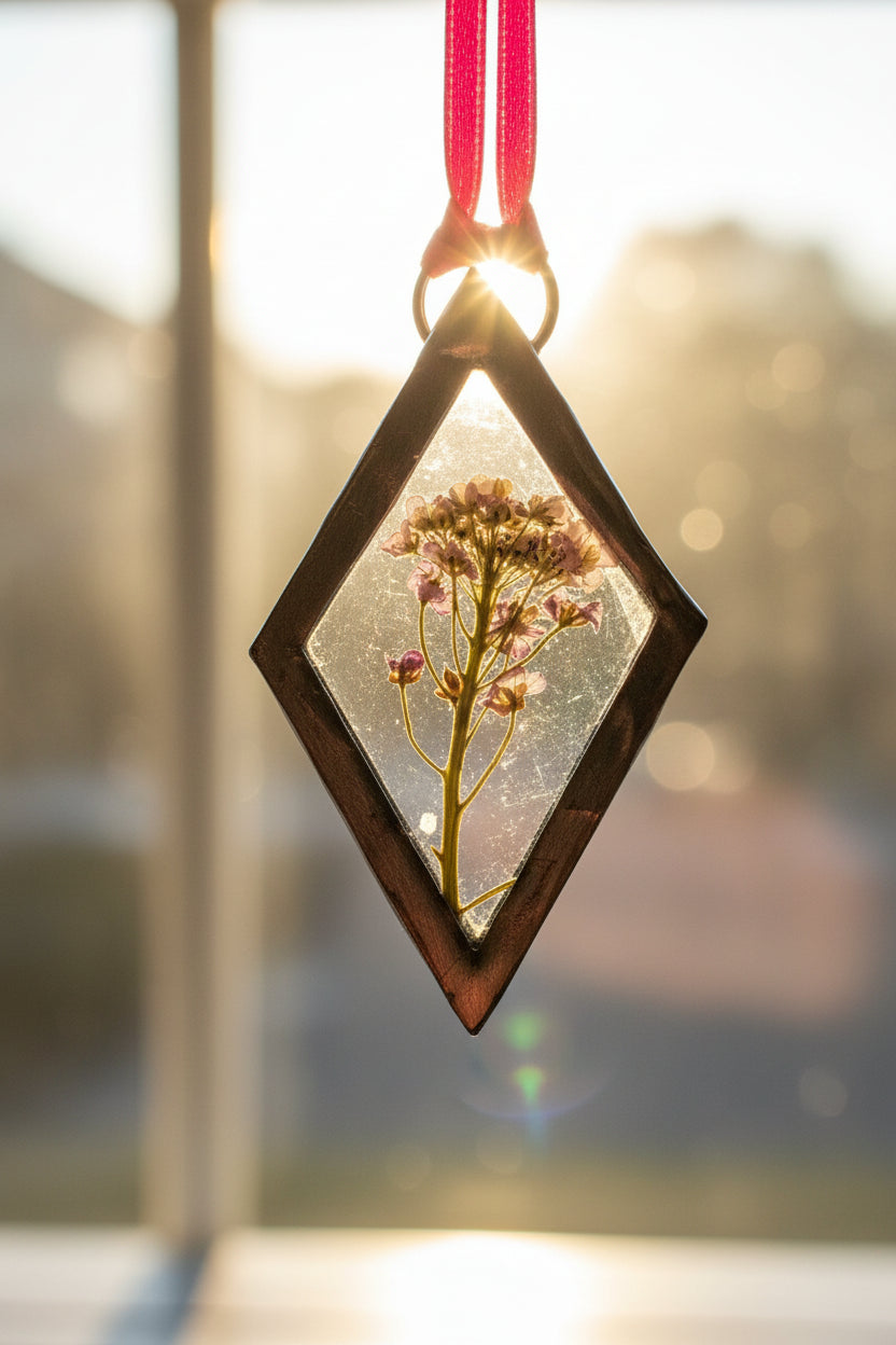 Pressed Queen Anne's Lace Stained Glass Diamond Suncatcher