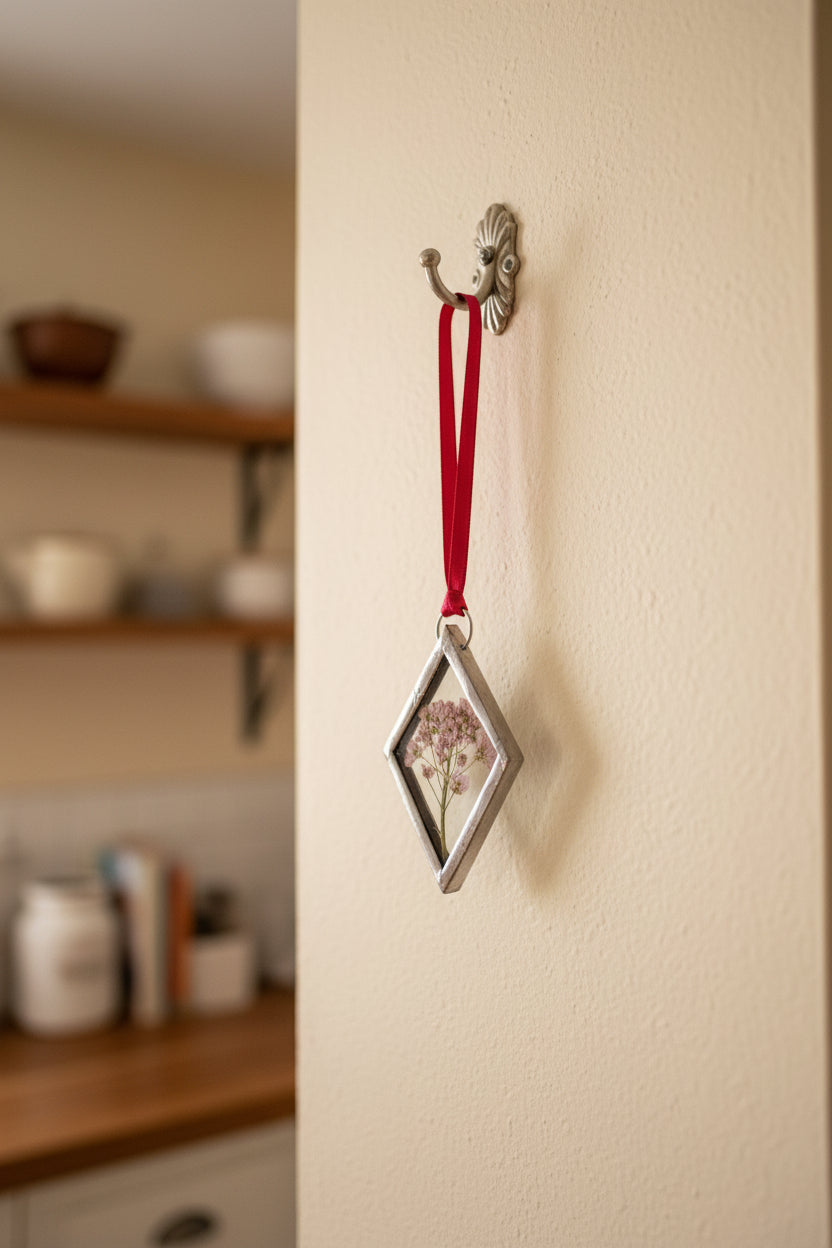 Pressed Queen Anne's Lace Stained Glass Diamond Ornament