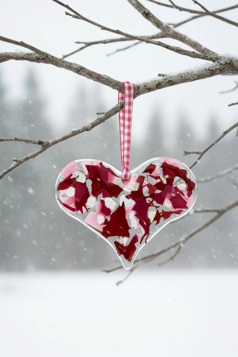 Burgundy & Pink Dichroic Fused Glass Heart Ornament