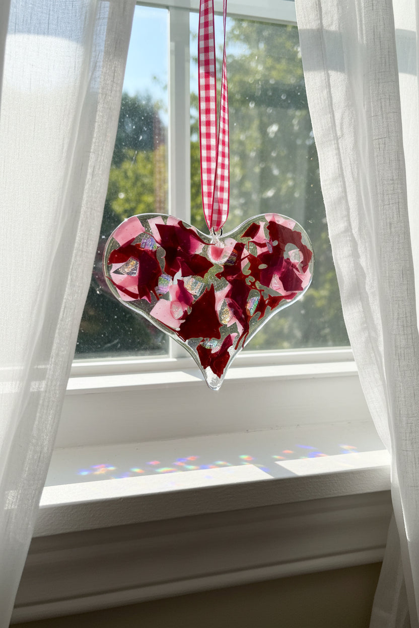 Burgundy & Pink Dichroic Fused Glass Heart Suncatcher