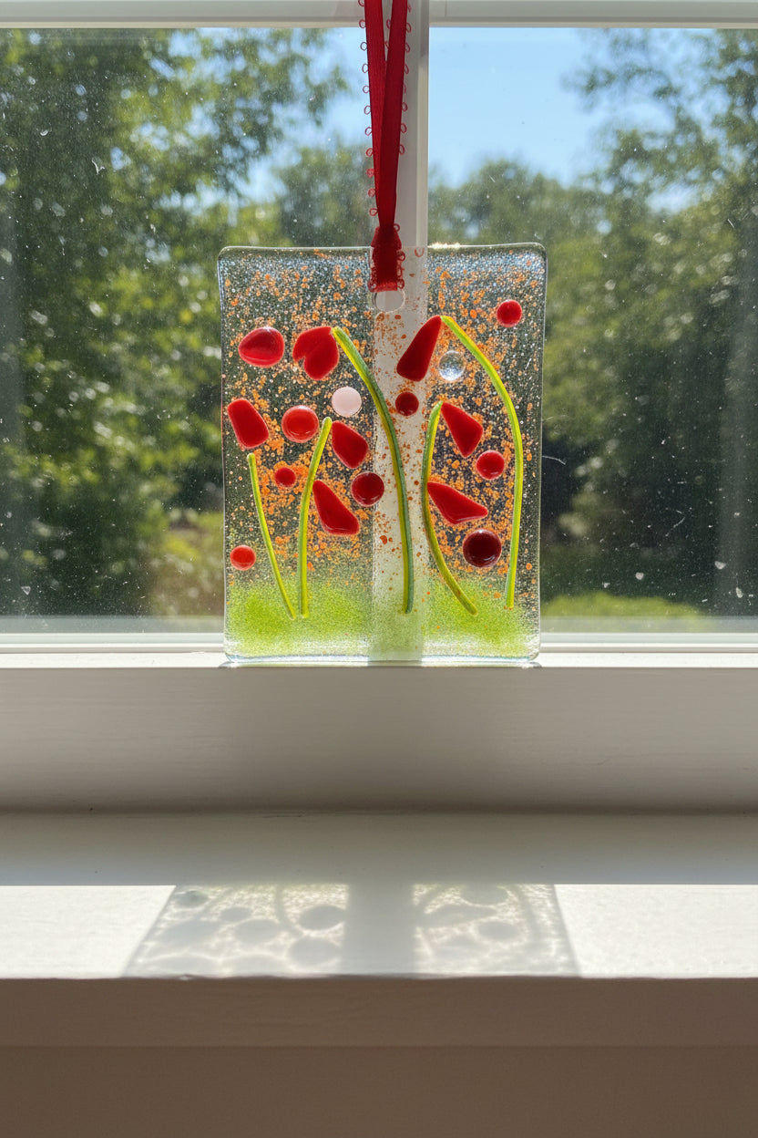 Red Poppy Garden Fused Glass Ornament
