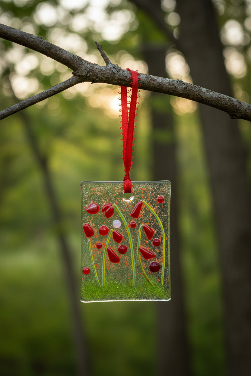 Red Poppy Garden Fused Glass Ornament