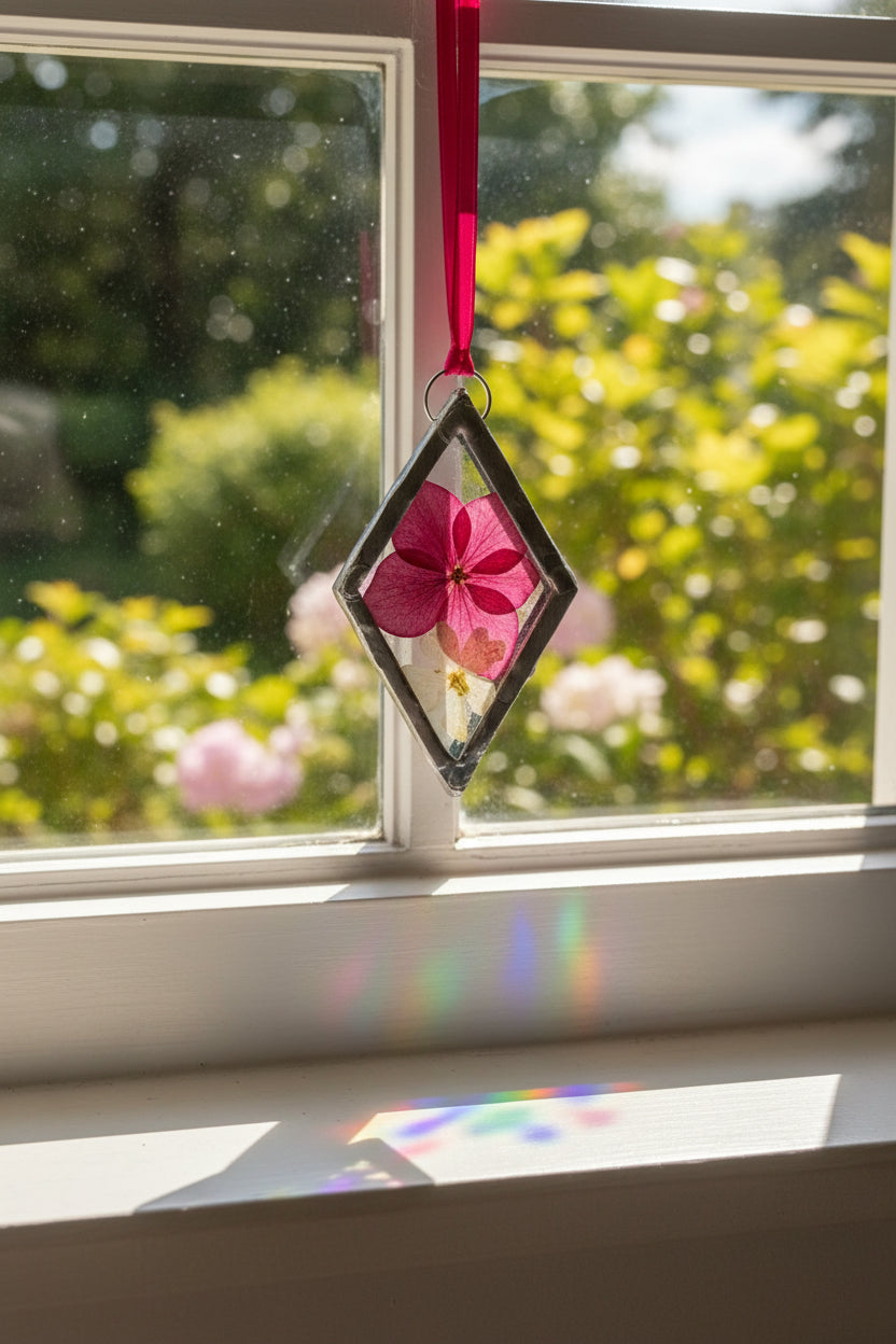 Pressed Pink Hydrangea Stained Glass Diamond Suncatcher