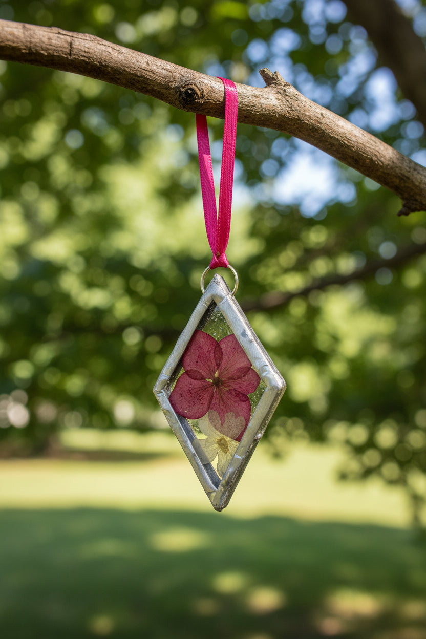 Pressed Pink Hydrangea Stained Glass Diamond Ornament