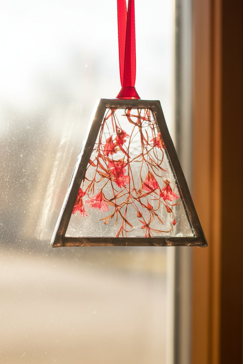 Pressed Red Coral Bells Stained Glass Ornament