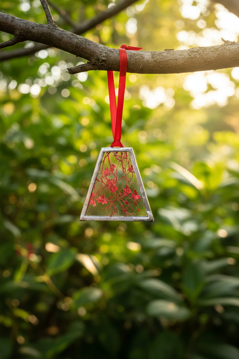 Pressed Red Coral Bells Stained Glass Ornament