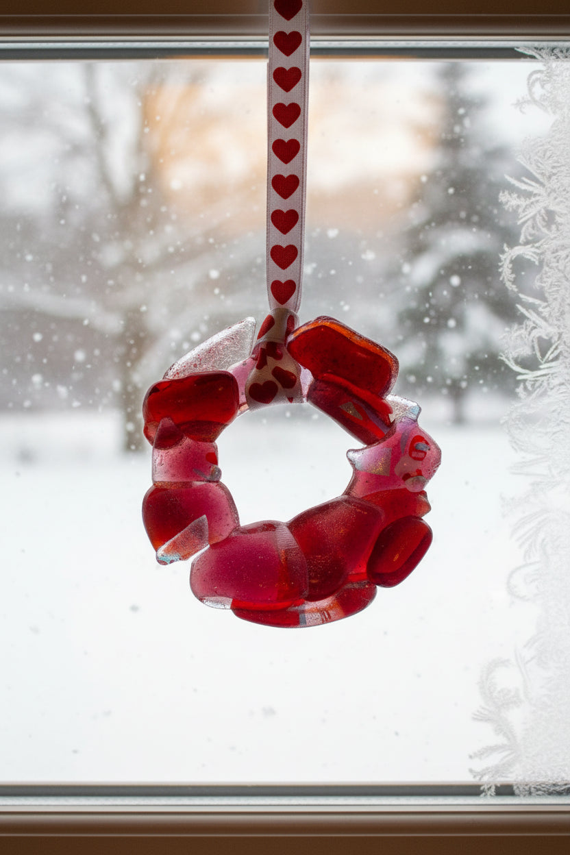 Pink & Red Fused Glass Wreath Ornament