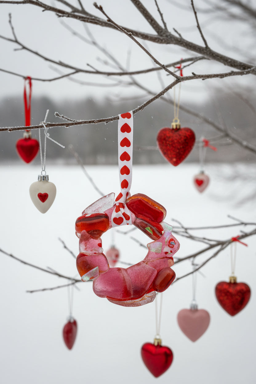 Pink & Red Fused Glass Wreath Ornament