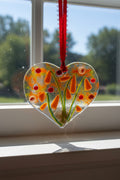 Orange Wildflower Garden Fused Glass Heart Suncatcher