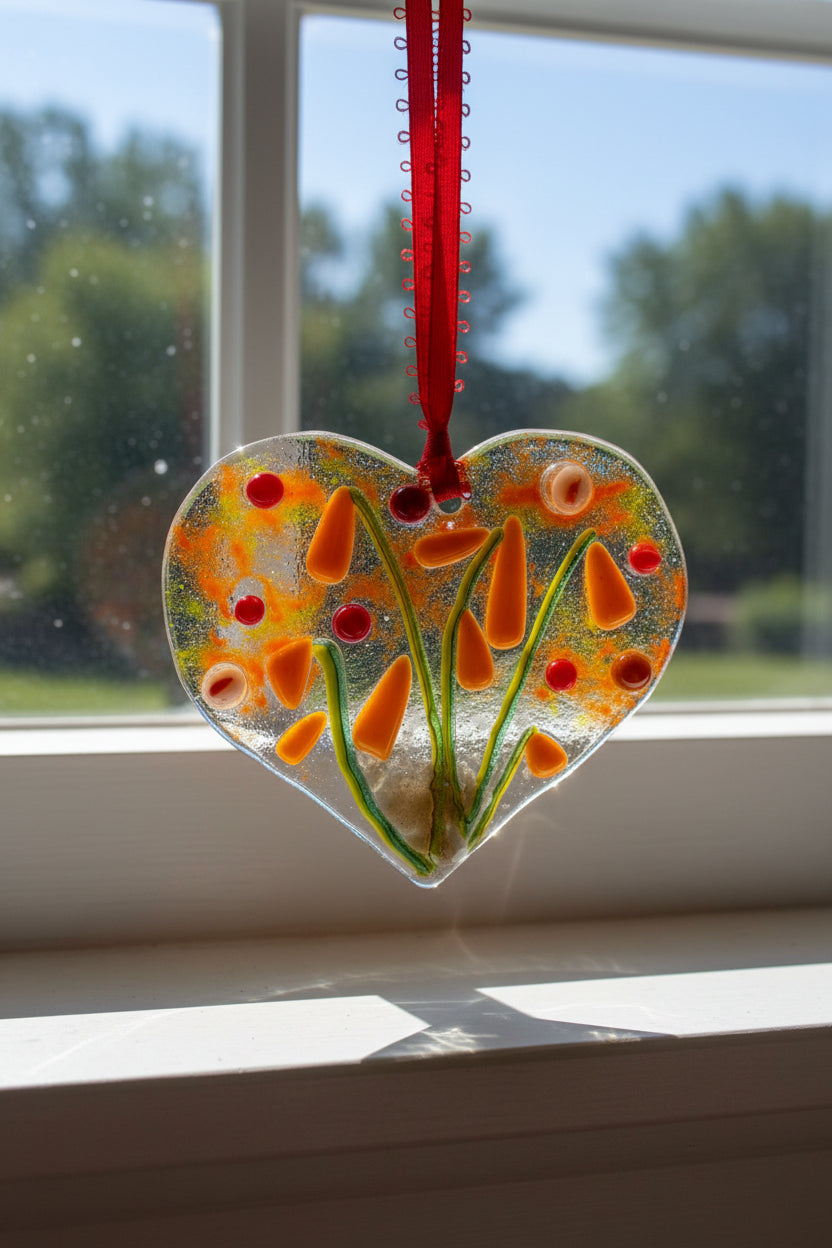 Orange Wildflower Garden Fused Glass Heart Ornament