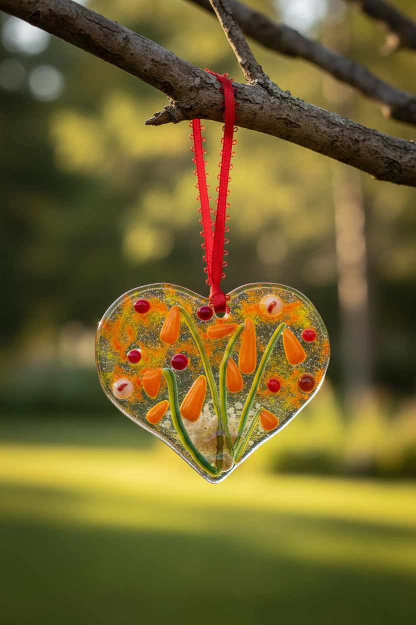 Orange Wildflower Garden Fused Glass Heart Suncatcher