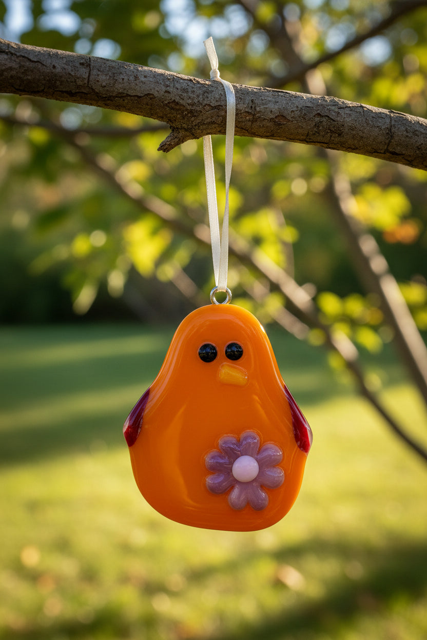 Orange Fused Glass Bird Ornament