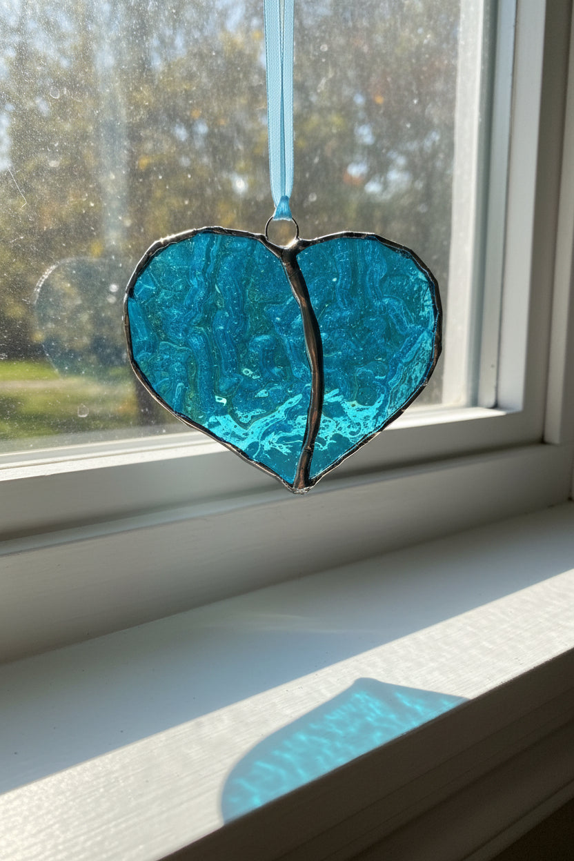 Aqua Stained Glass Heart Suncatcher