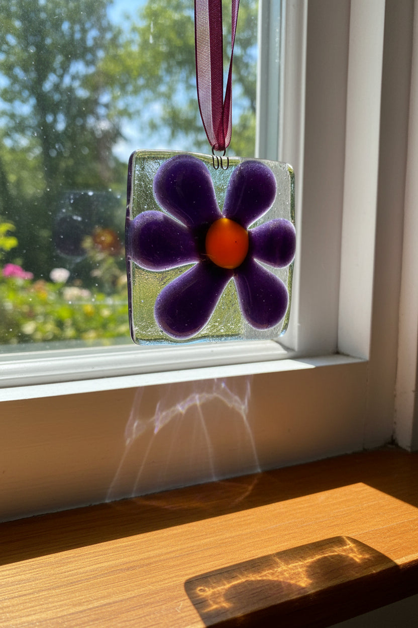 Purple Daisy Fused Glass Square Suncatcher