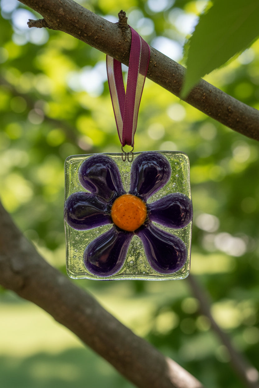 Purple Daisy Fused Glass Square Ornament