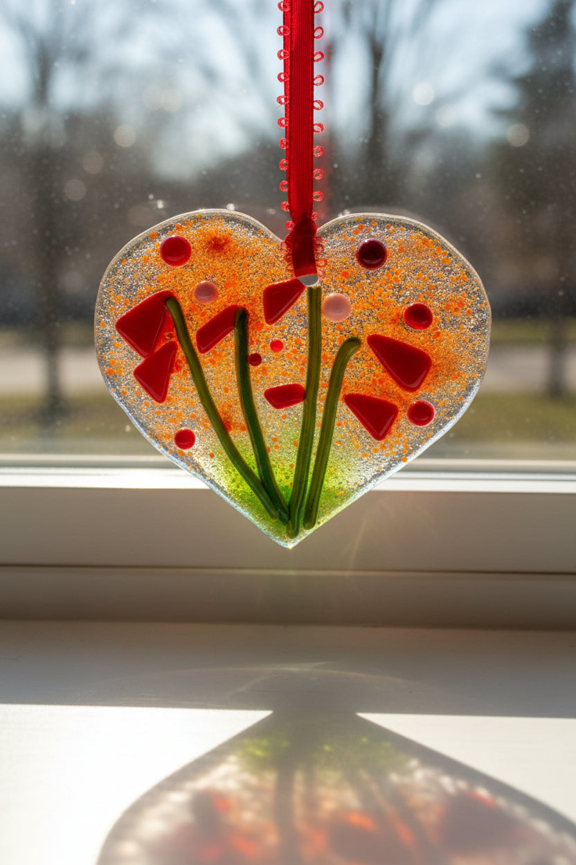 Red Poppy Garden Fused Glass Heart Ornament