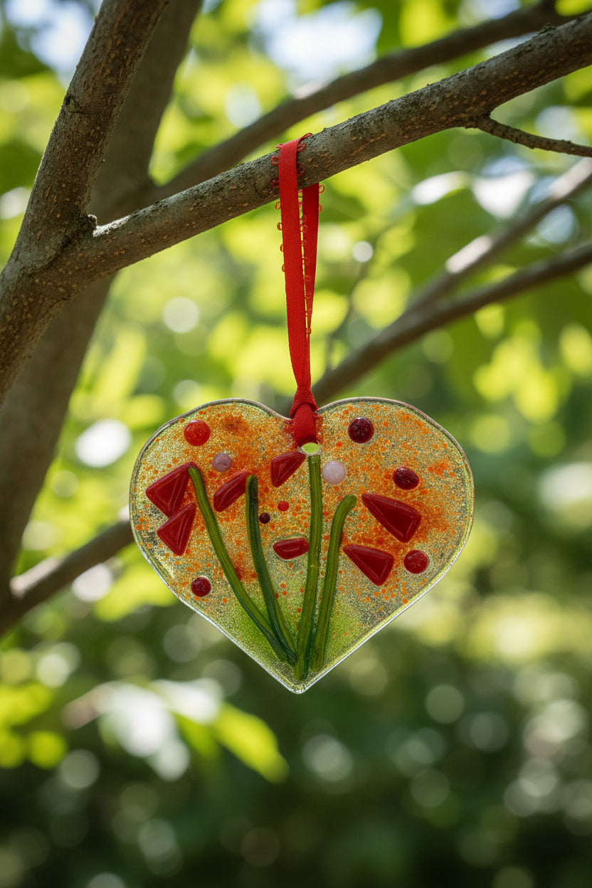 Red Poppy Garden Fused Glass Heart Suncatcher