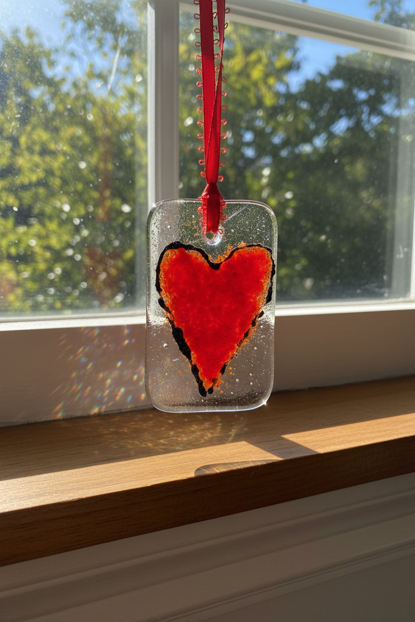 Red Heart Fused Glass Rectangle Suncatcher