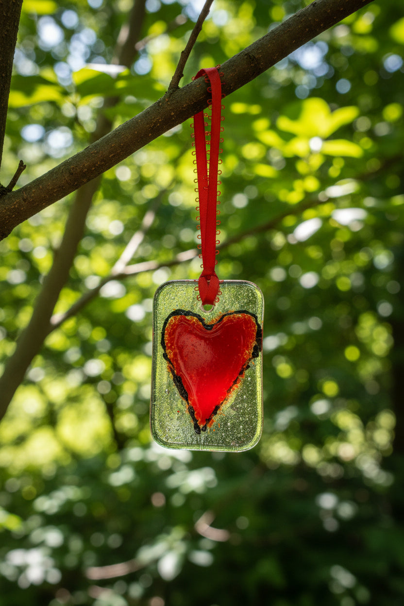 Red Heart Fused Glass Rectangle Suncatcher