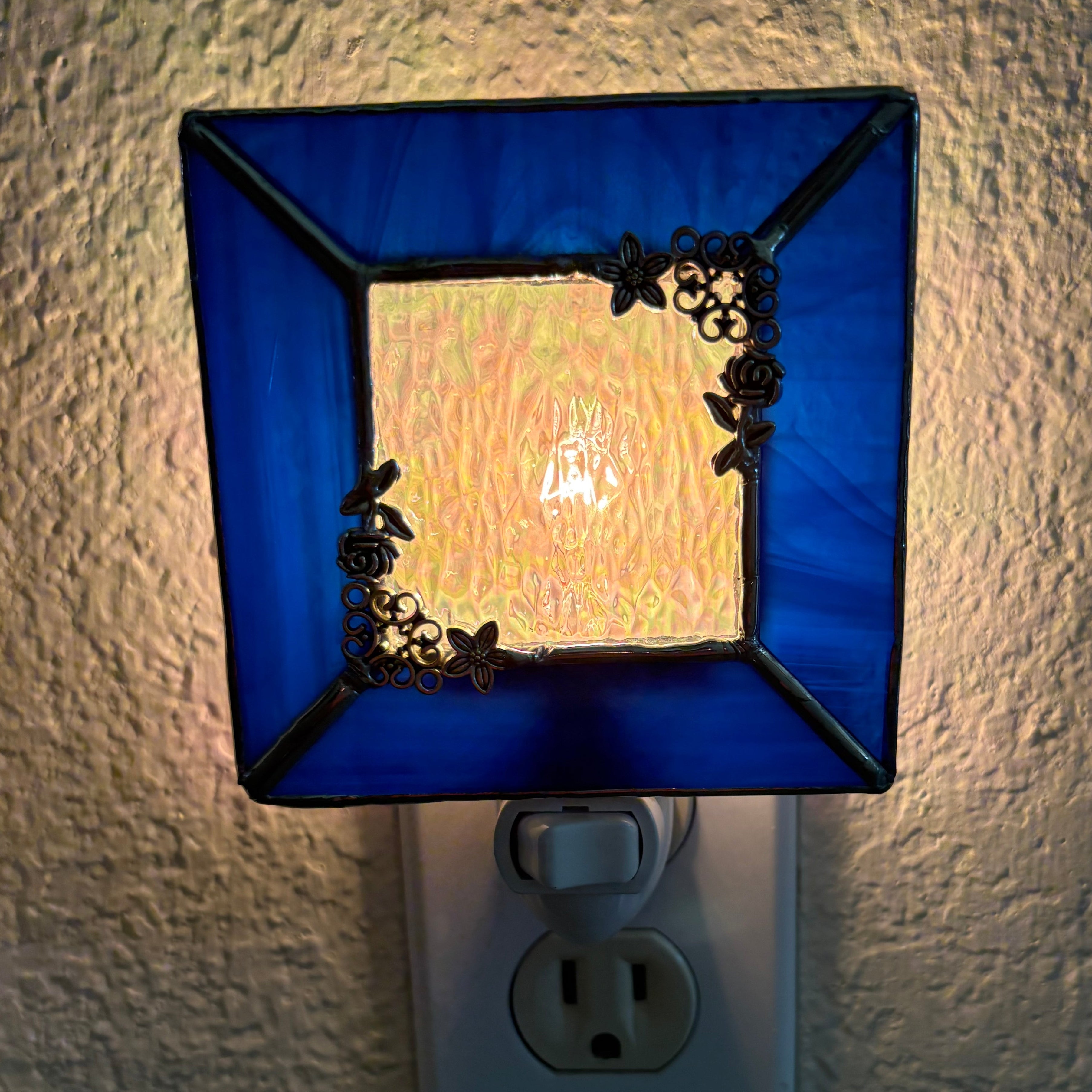 Cobalt Blue Stained Glass Nightlight with Filigree Detail