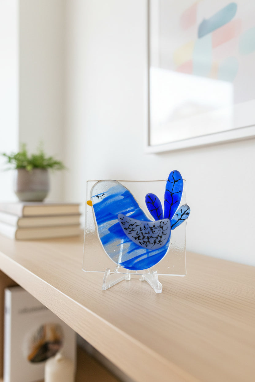 Fused glass blue bird with light periwinkle body, white speckled wing, cobalt tail feathers with black veining, and yellow beak on clear glass tile with acrylic display stand