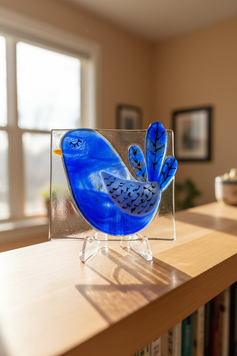 Fused glass cobalt blue bird with deep blue body, white speckled wing, blue tail feathers with black veining, and yellow beak on clear glass tile with acrylic display stand