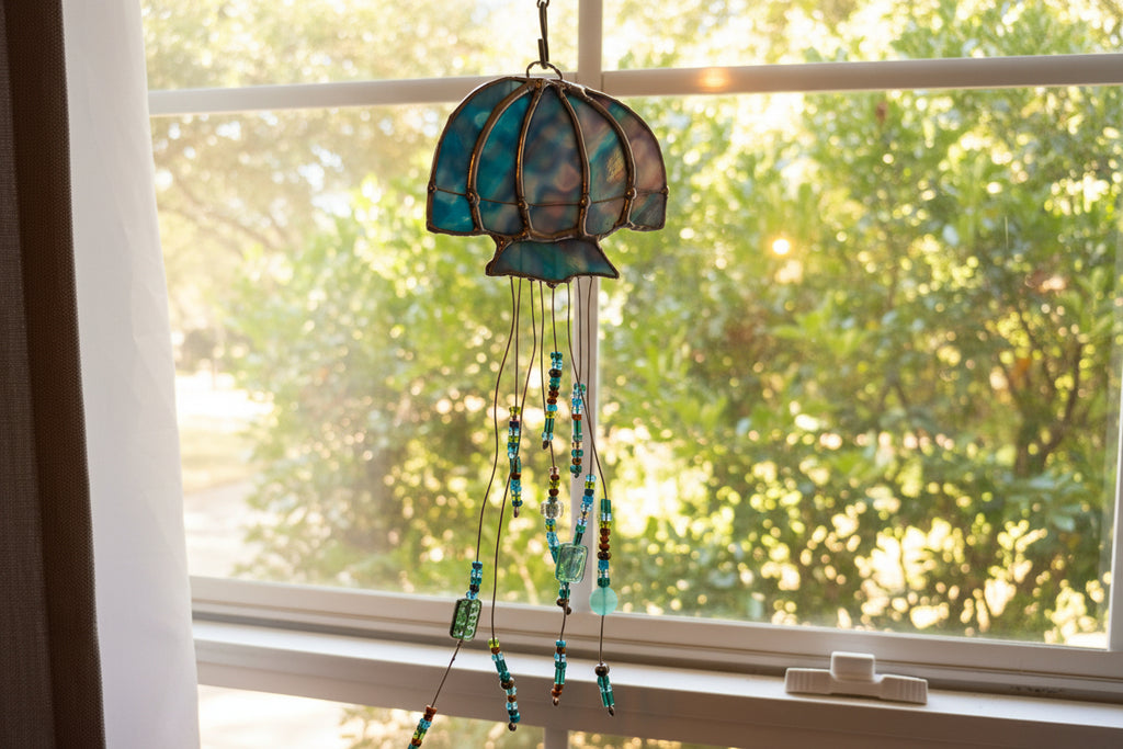 Blue stained glass jellyfish with colorful beaded tentacles hanging in a sunny window