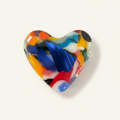 Blue and orange multicolor fused glass pocket heart with white accents